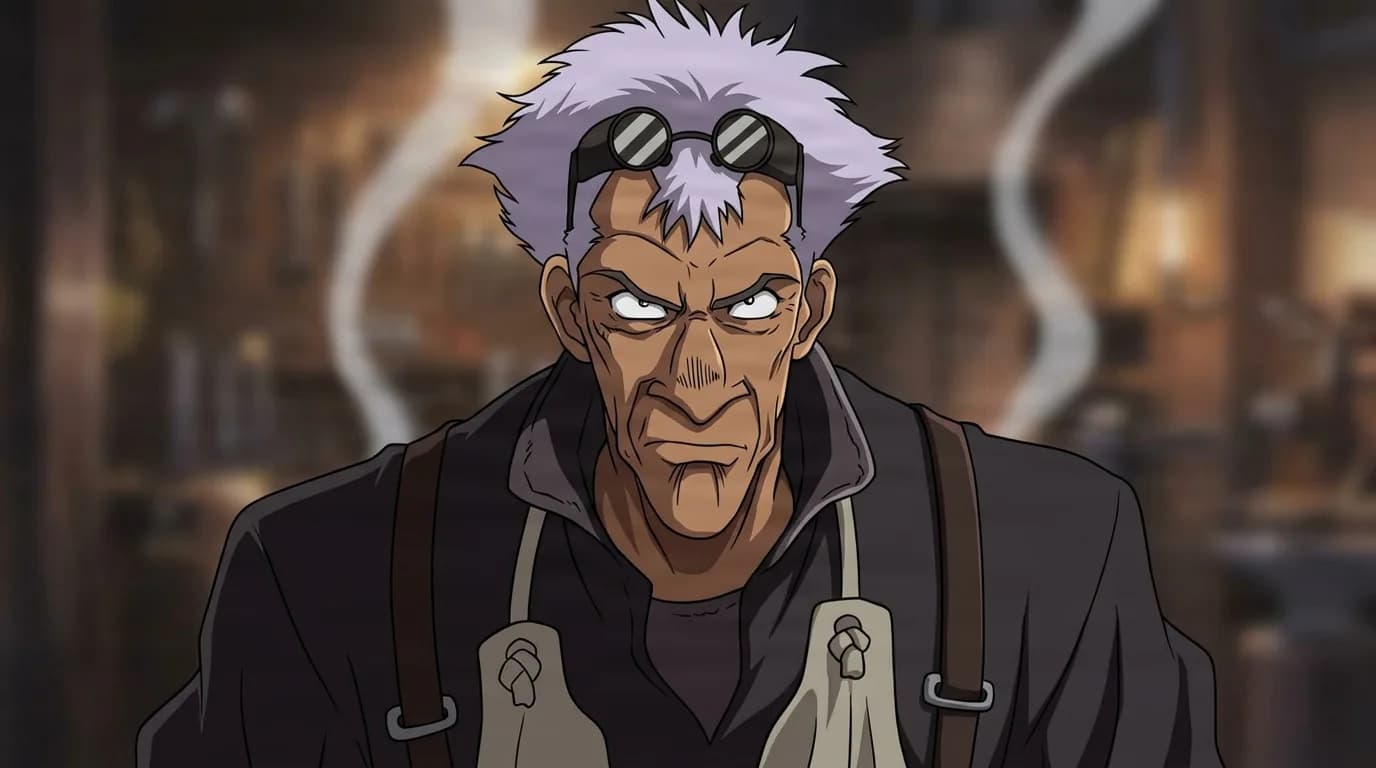 Doohan from Cowboy Bebop in a close-framed cel-shaded anime scene with a detailed environment