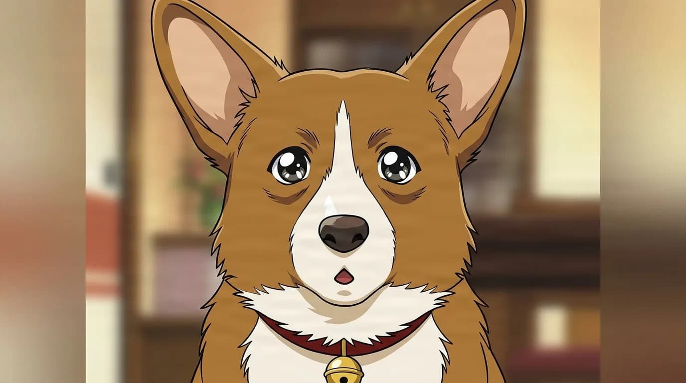 Ein from Cowboy Bebop in a close-framed cel-shaded anime scene with a detailed environment