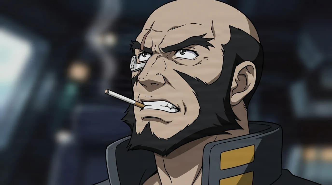 Jet Black from Cowboy Bebop in a close-framed cel-shaded anime scene with a detailed environment