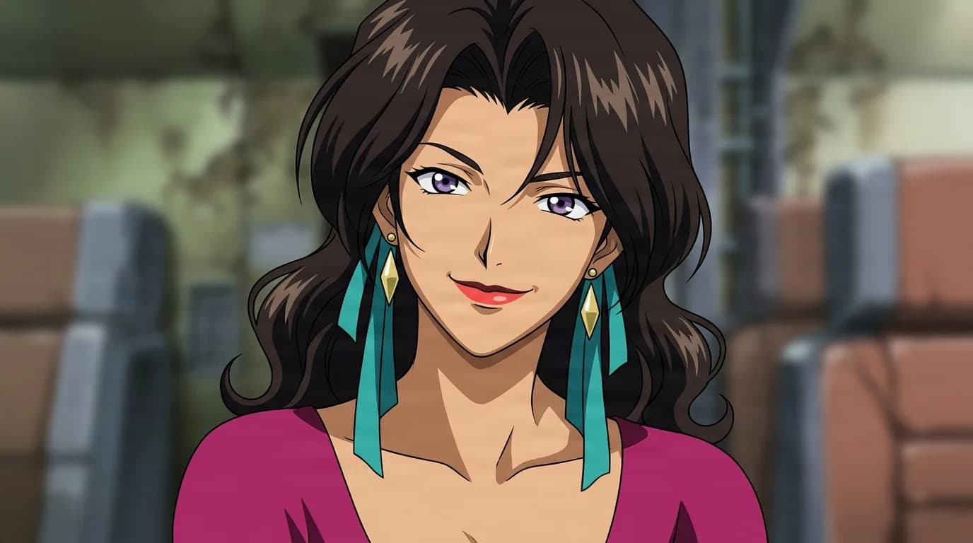Katerina Solensan from Cowboy Bebop in a close-framed cel-shaded anime scene with a detailed environment