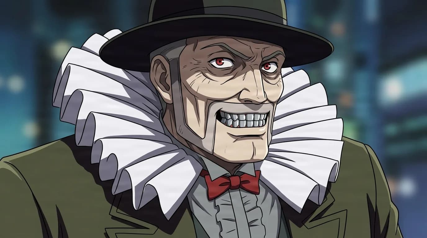 Mad Pierrot from Cowboy Bebop in a close-framed cel-shaded anime scene with a detailed environment