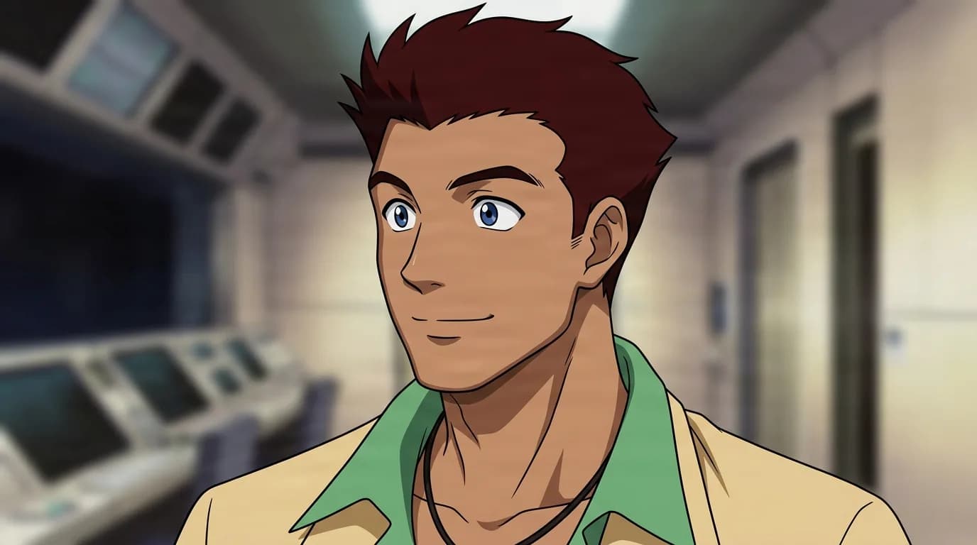 Roco Bonnaro from Cowboy Bebop in a close-framed cel-shaded anime scene with a detailed environment