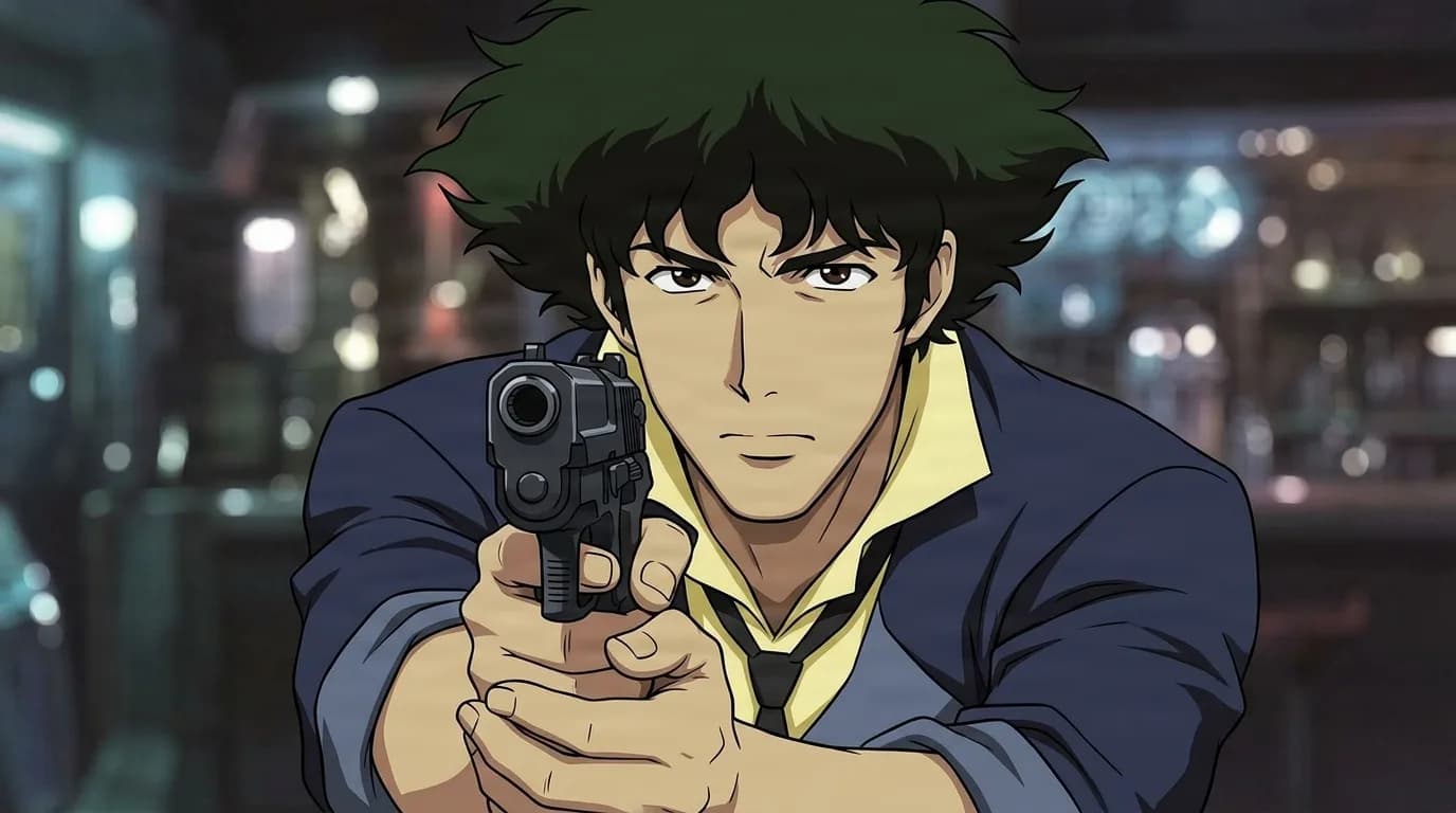 Spike Spiegel in his blue suit and yellow shirt, aiming a pistol straight at the viewer inside a dim neon lit bar