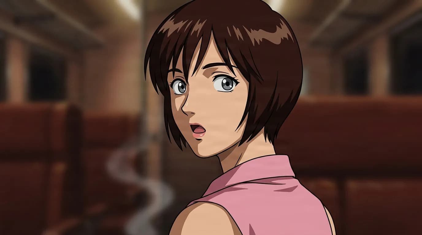 Stella Bonnaro from Cowboy Bebop in a close-framed cel-shaded anime scene with a detailed environment