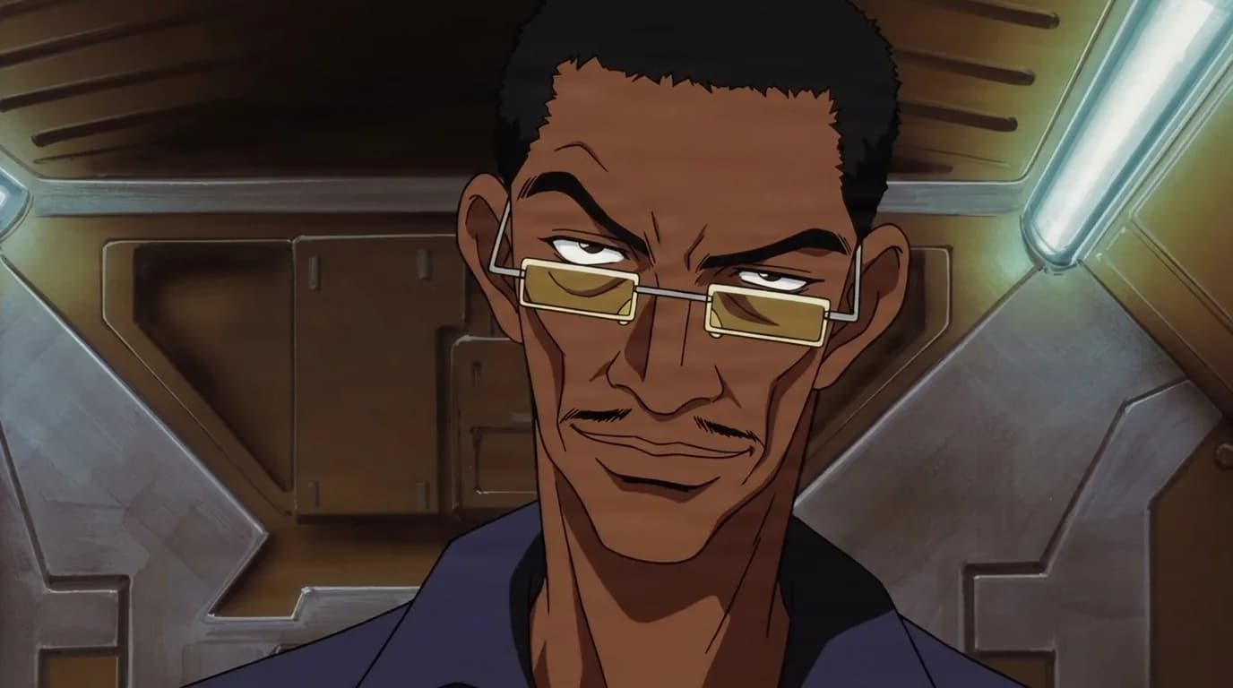 Udai Taxim from Cowboy Bebop in a close-framed cel-shaded anime scene with a detailed environment