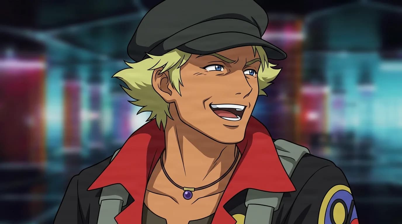 Victoria Terpsichore from Cowboy Bebop in a close-framed cel-shaded anime scene with a detailed environment