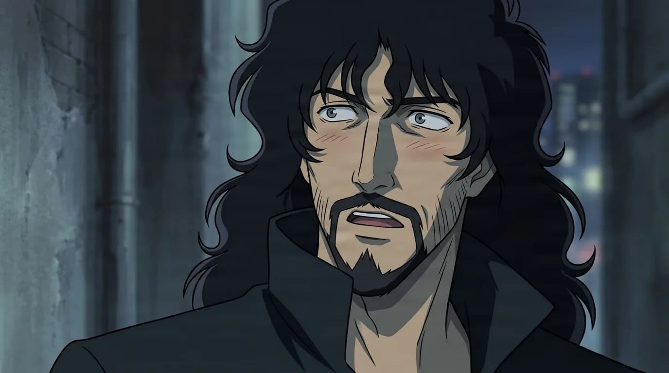 Vincent Volaju from Cowboy Bebop in a close-framed cel-shaded anime scene with a detailed environment