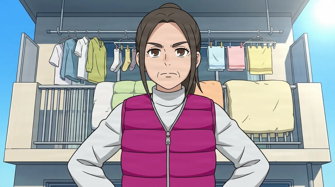 Brown-haired woman in a magenta puffer vest over a white top, hands on hips with a firm look, on a sunlit balcony with laundry and futons airing behind her.