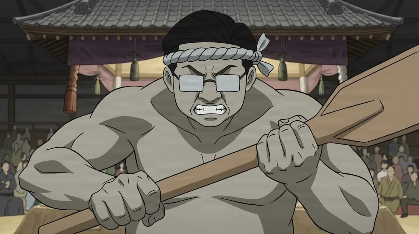 Hulking gray-skinned muscular man with a rope headband and blank rectangular glasses, gritting his teeth and gripping a large wooden paddle across his chest, in a traditional sumo hall with a tiled roof and crowd behind.