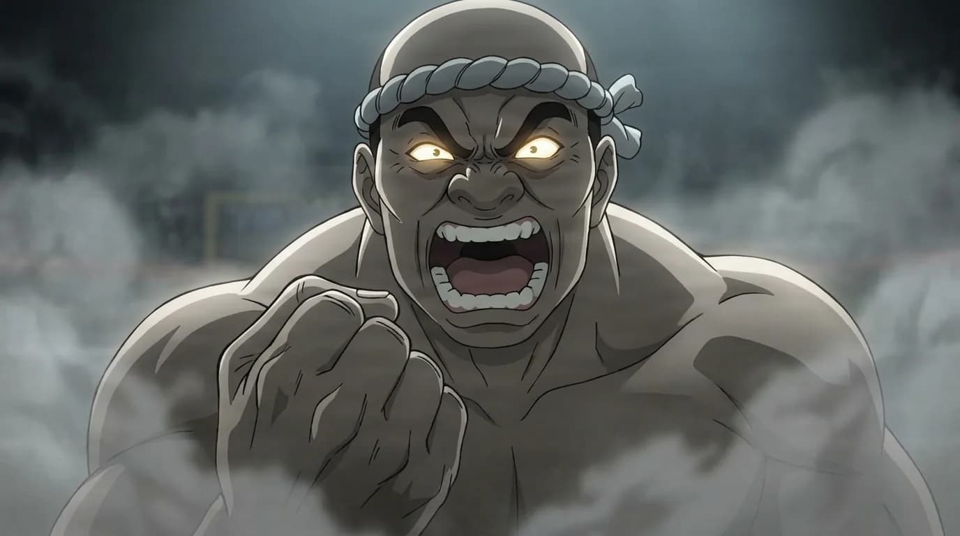 Huge muscular older man with glowing pale eyes and a twisted rope headband, roaring with a raised clenched fist and bare shoulders, in a misty steam-filled arena with dramatic lighting.