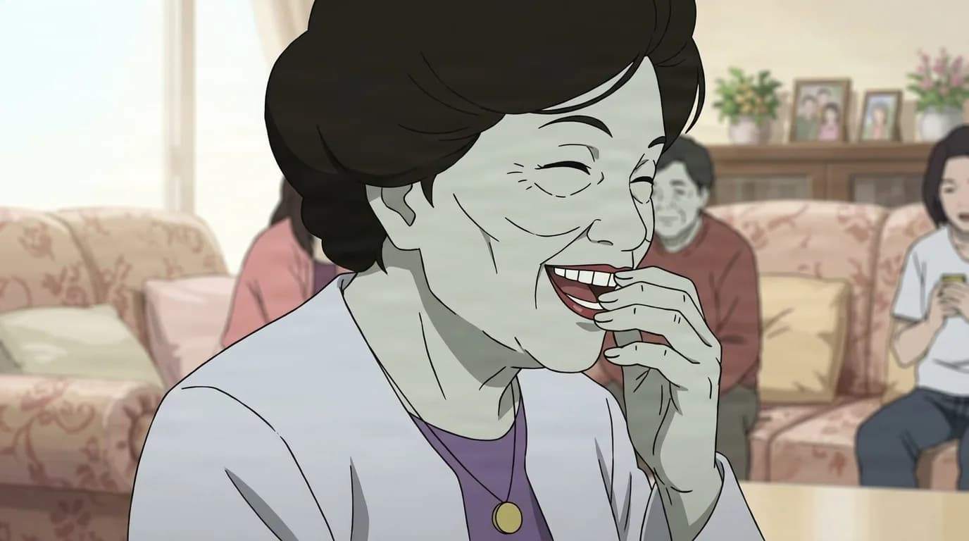 Older woman with dark bouffant hair and grayish skin in a pale jacket over a purple top, laughing with a hand raised to her mouth, in a bright living room with sofas and framed family photos.