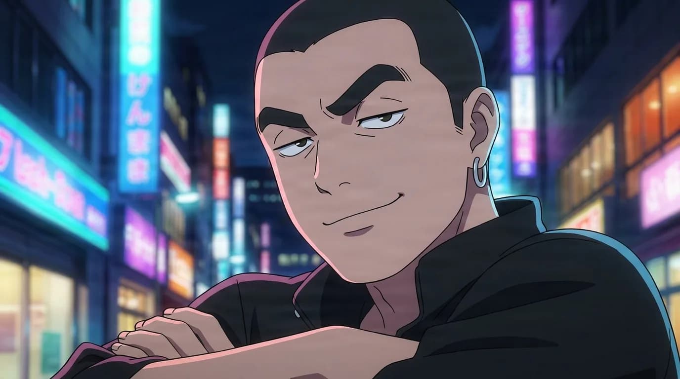 Young man with short slicked hair, thick eyebrows and a hoop earring resting on his folded arms with a cocky smirk on a neon-lit night street
