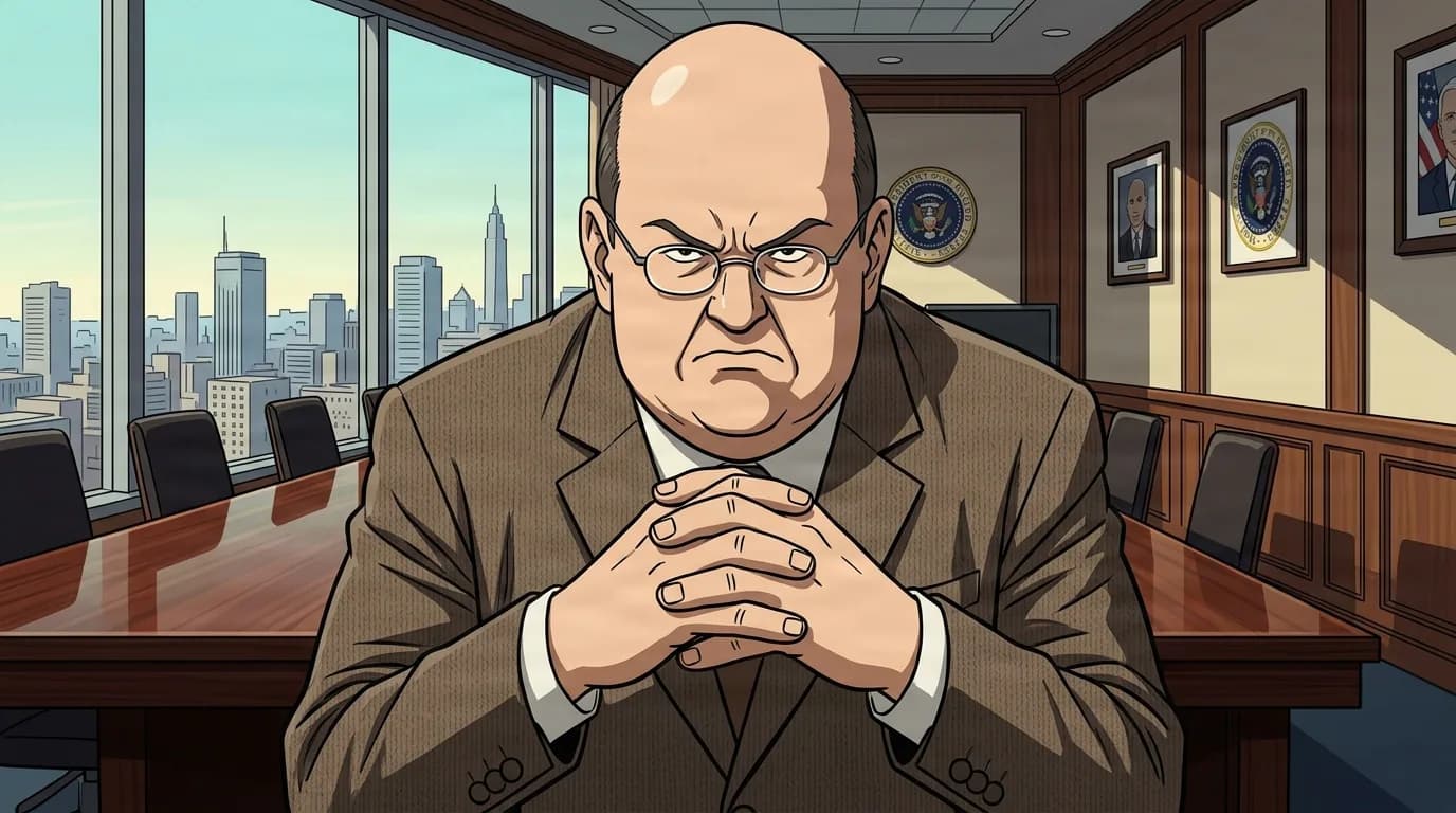 A stern bald man wearing thin oval glasses rests his folded hands on a polished conference table in a high-rise office with a city skyline behind him.