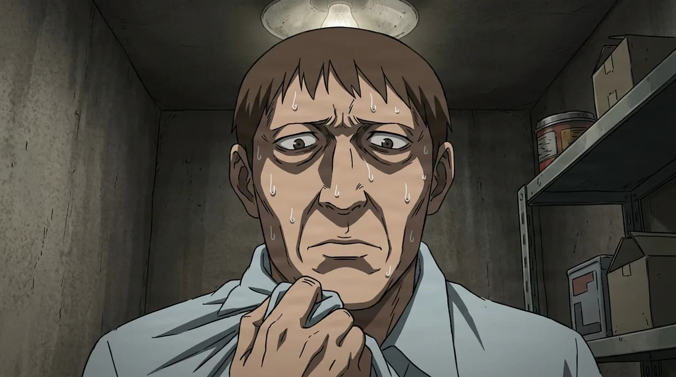 A sweating wide-eyed man clutches the collar of his pale shirt inside a cramped dim storeroom lit by a single bare ceiling bulb.