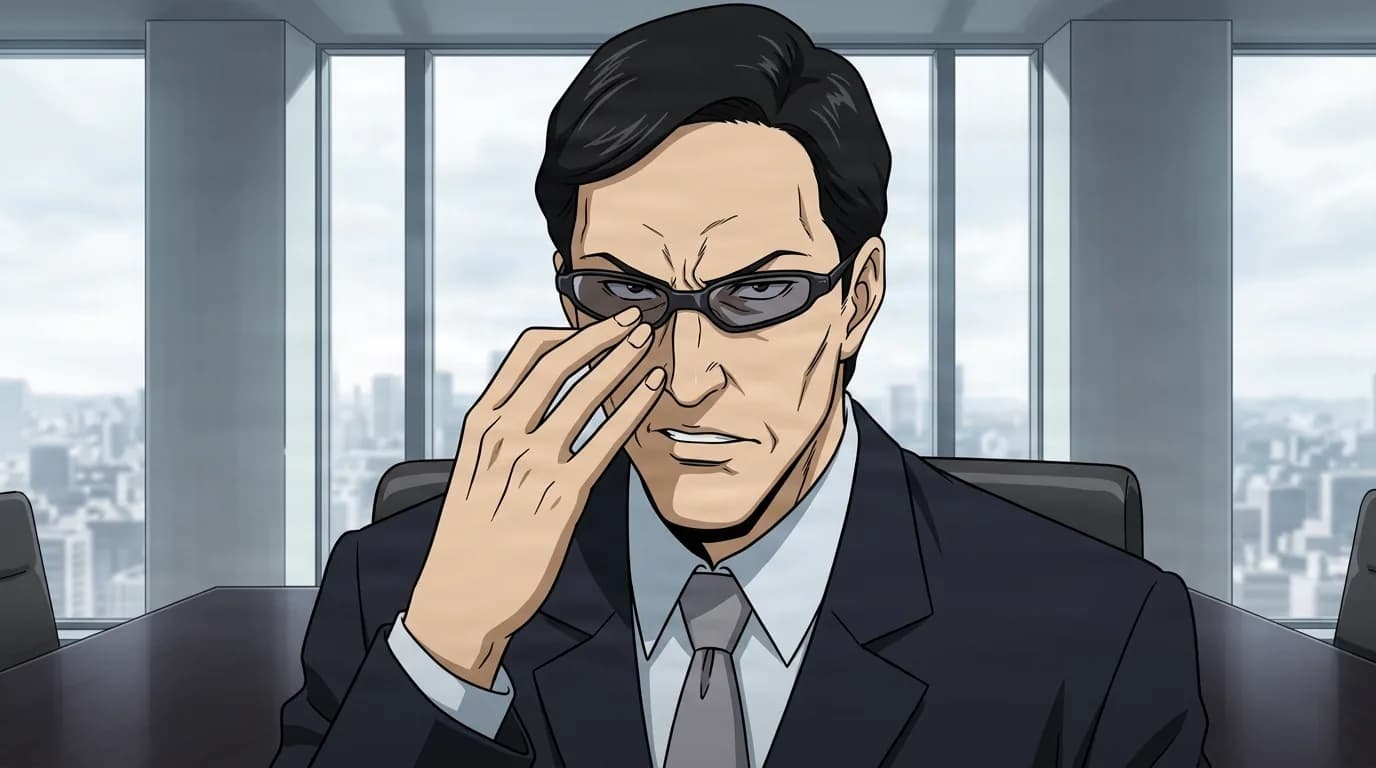 A sharp-eyed man in a dark suit and gray tie pushes his narrow glasses up with one hand while seated in a boardroom overlooking a hazy city skyline.