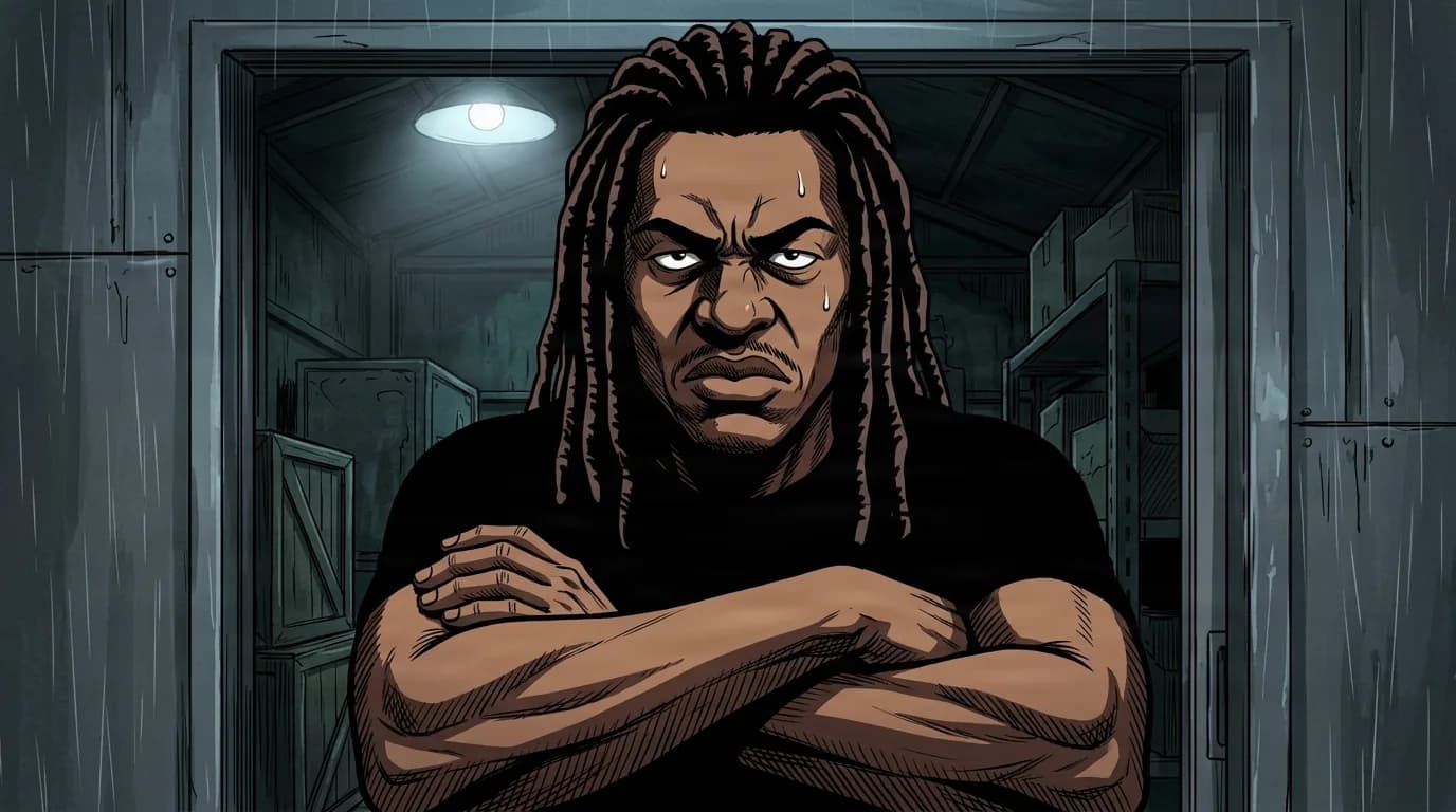 A muscular dark skinned man with long dreadlocks stands in a dim warehouse doorway at night, arms crossed over his chest, scowling toward the viewer under a single overhead light.