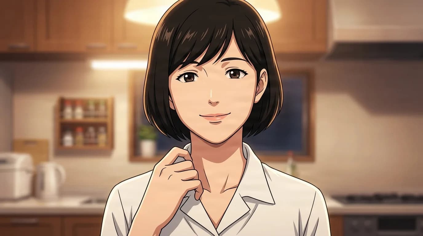 Sachiko Yagami, a short-haired woman in a white blouse with a gentle warm smile, touches her collar in a softly lit home kitchen.