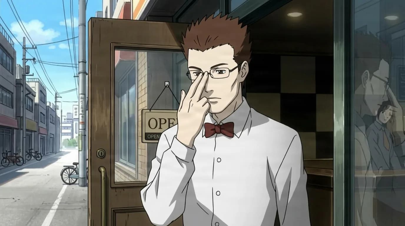 Yonegoro Nusumi en chemise blanche et nœud papillon rouge sortant de la porte d'un petit restaurant tout en ajustant ses lunettes dans une rue ensoleillée