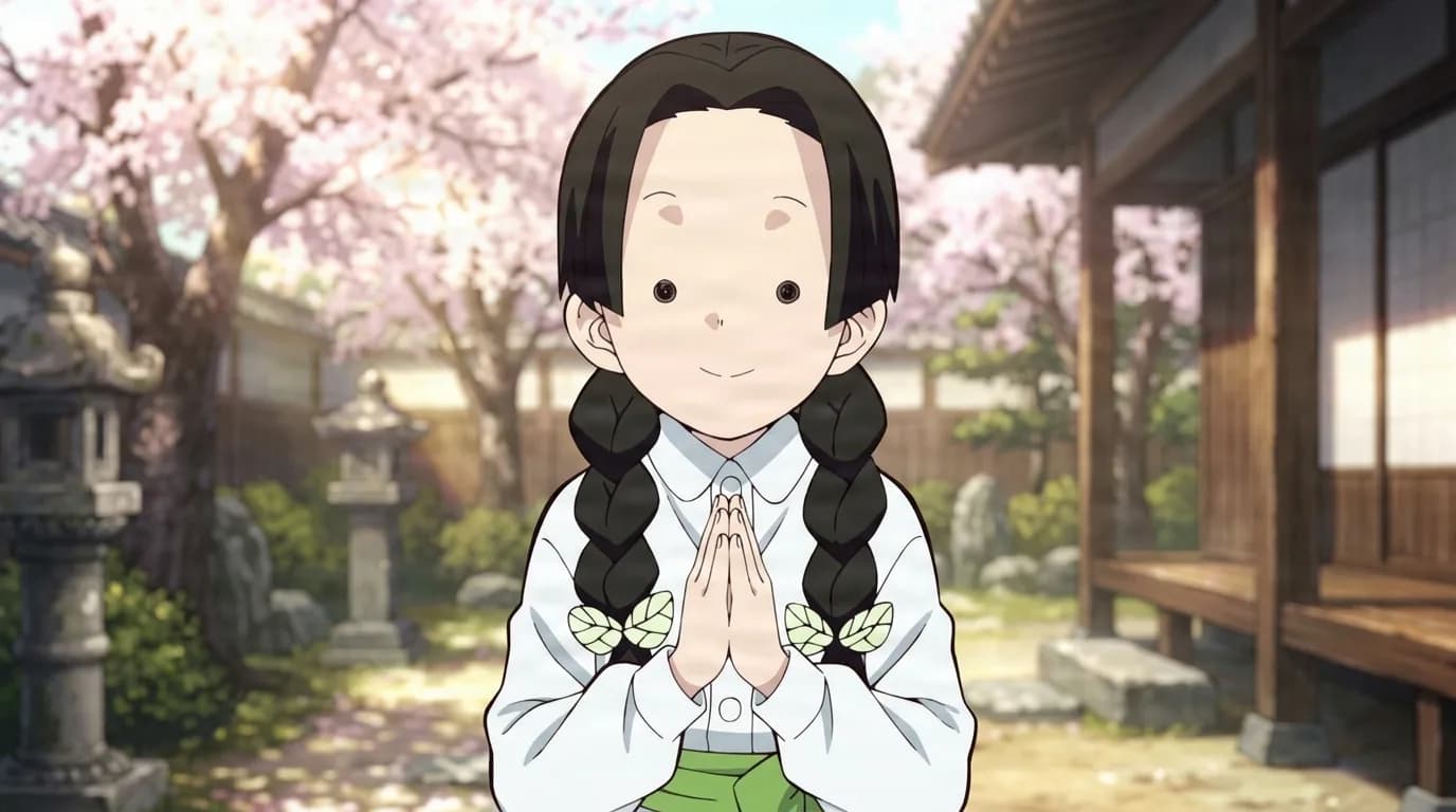 淡い緑のリボンで結んだ長い黒い三つ編みの少女が微笑み、白い衣装を着て、咲き誇る桜の木の前で手を組んでいる。