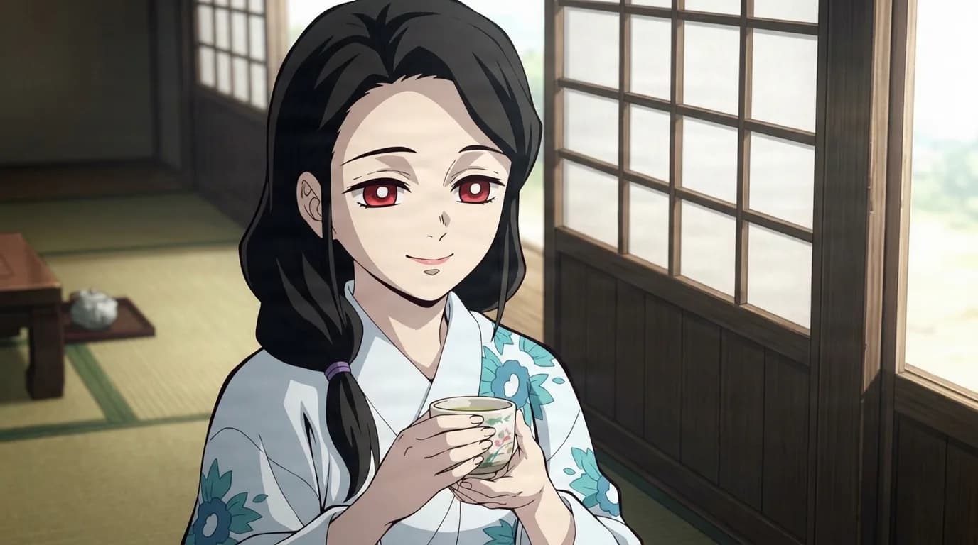 Ruka Rengoku smiling warmly while holding a small teacup in both hands, seated indoors in a white kimono with teal floral patterns