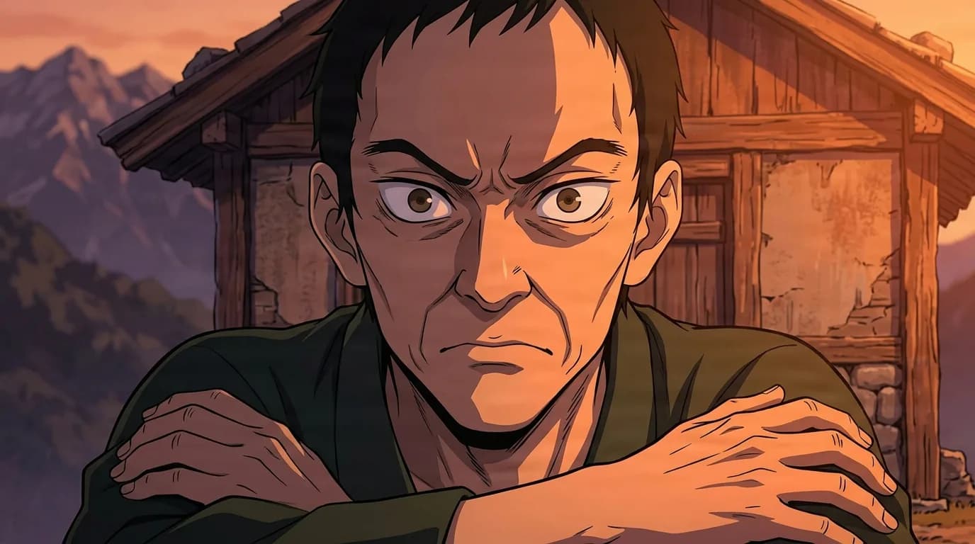 Saburo frowning with his arms crossed outside his rustic mountain hut at dusk, deep lines on his stern weathered face in warm sunset light