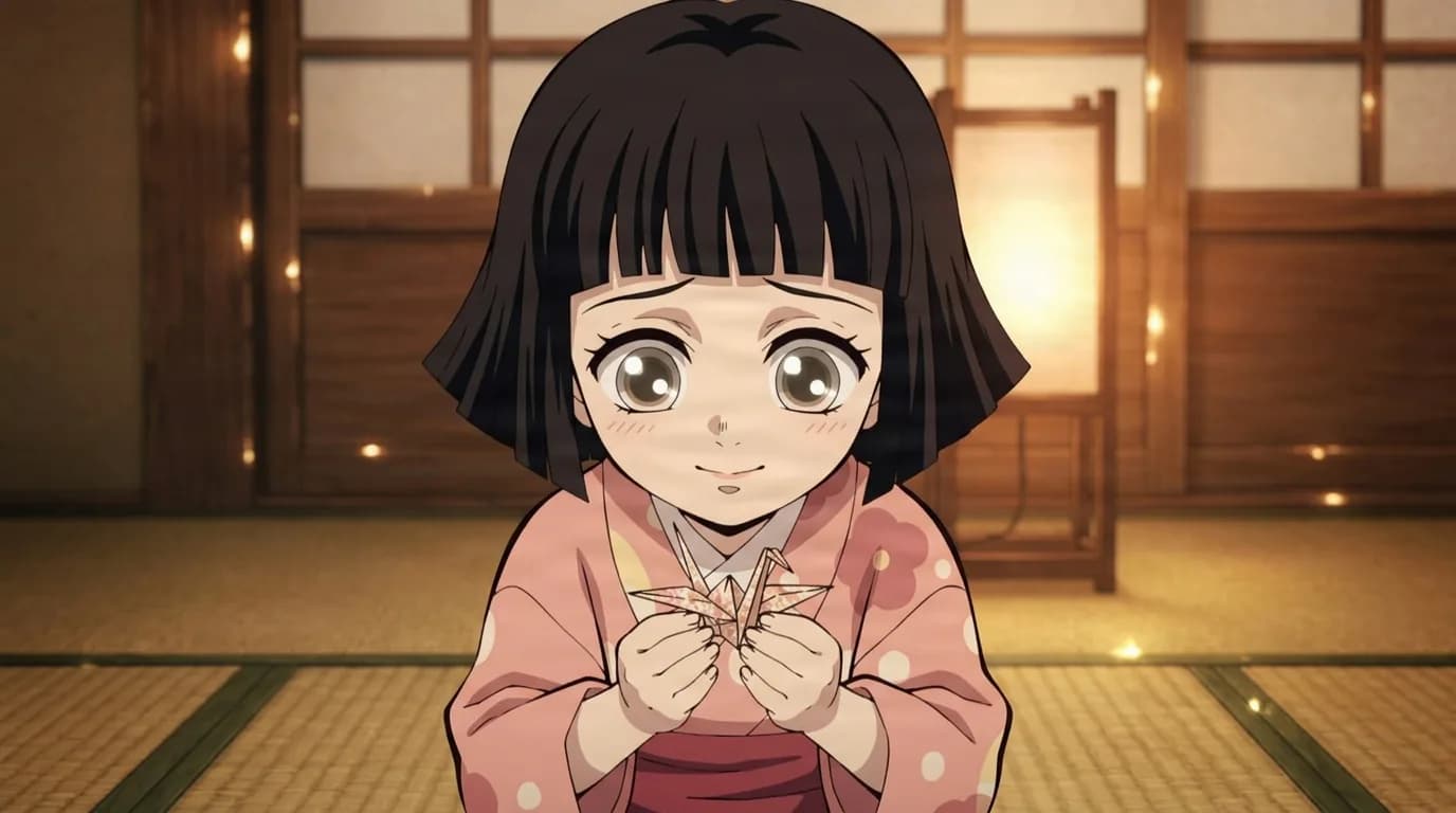 Sayo kneeling on a tatami floor in a pink kimono, holding a small origami crane in both hands with big grey eyes and a shy smile