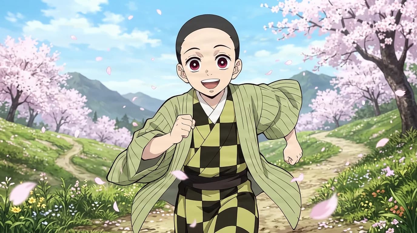 Shigeru Kamado running happily along a mountain path in a checkered kimono and green haori, cherry blossom petals swirling against the blue sky