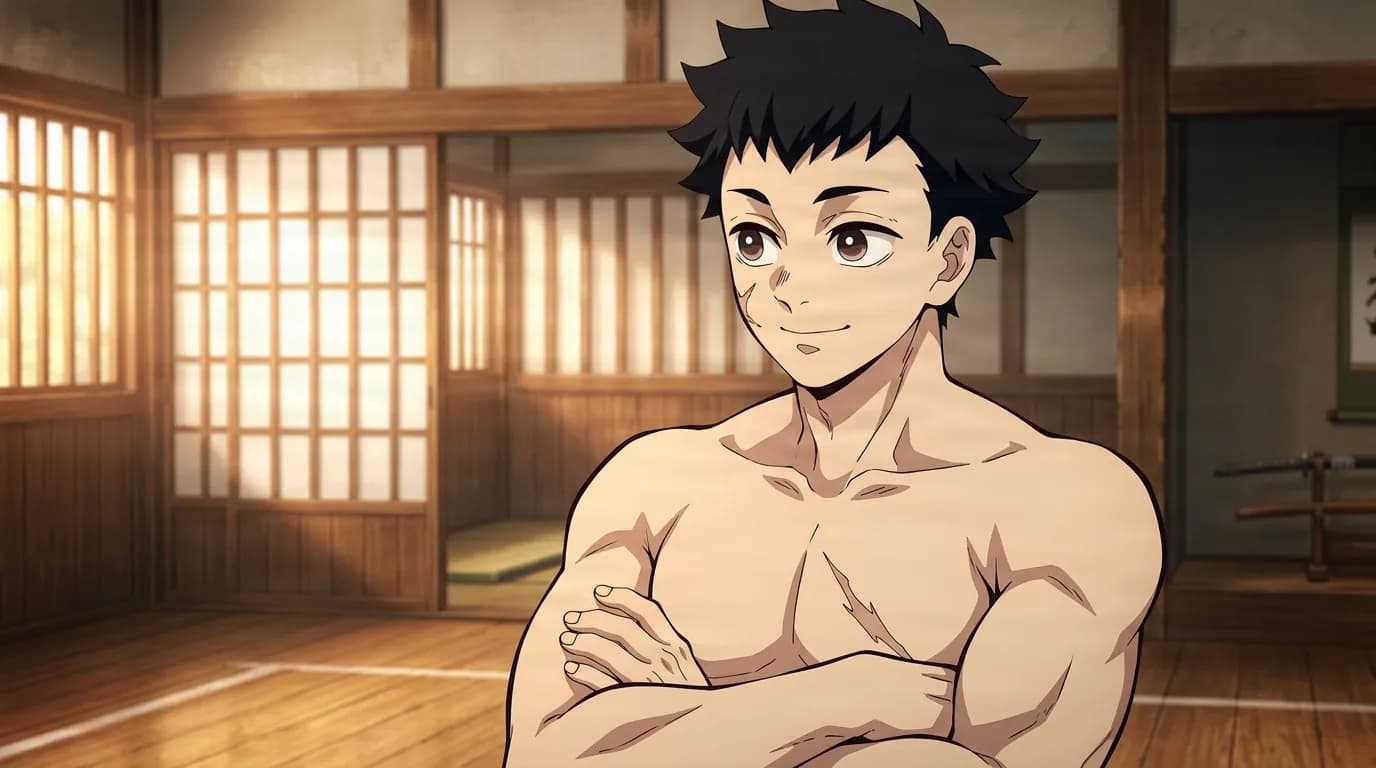 A shirtless muscular young man with spiky black hair standing with arms crossed in a sunlit wooden dojo, smiling calmly to the side with a katana on a rack behind him.