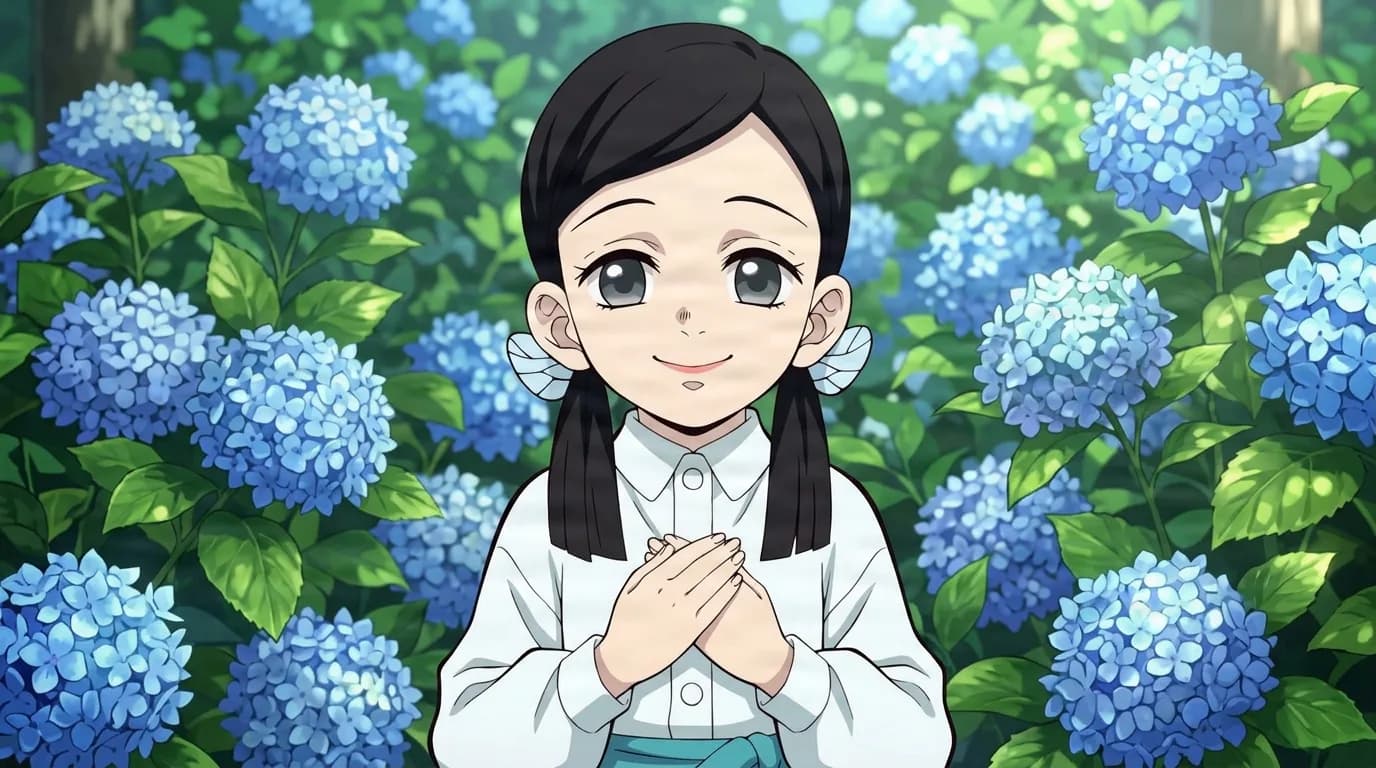 A girl with long black hair in low pigtails and blue wing hair ornaments clasping her hands and smiling gently in front of a garden of blue hydrangeas.
