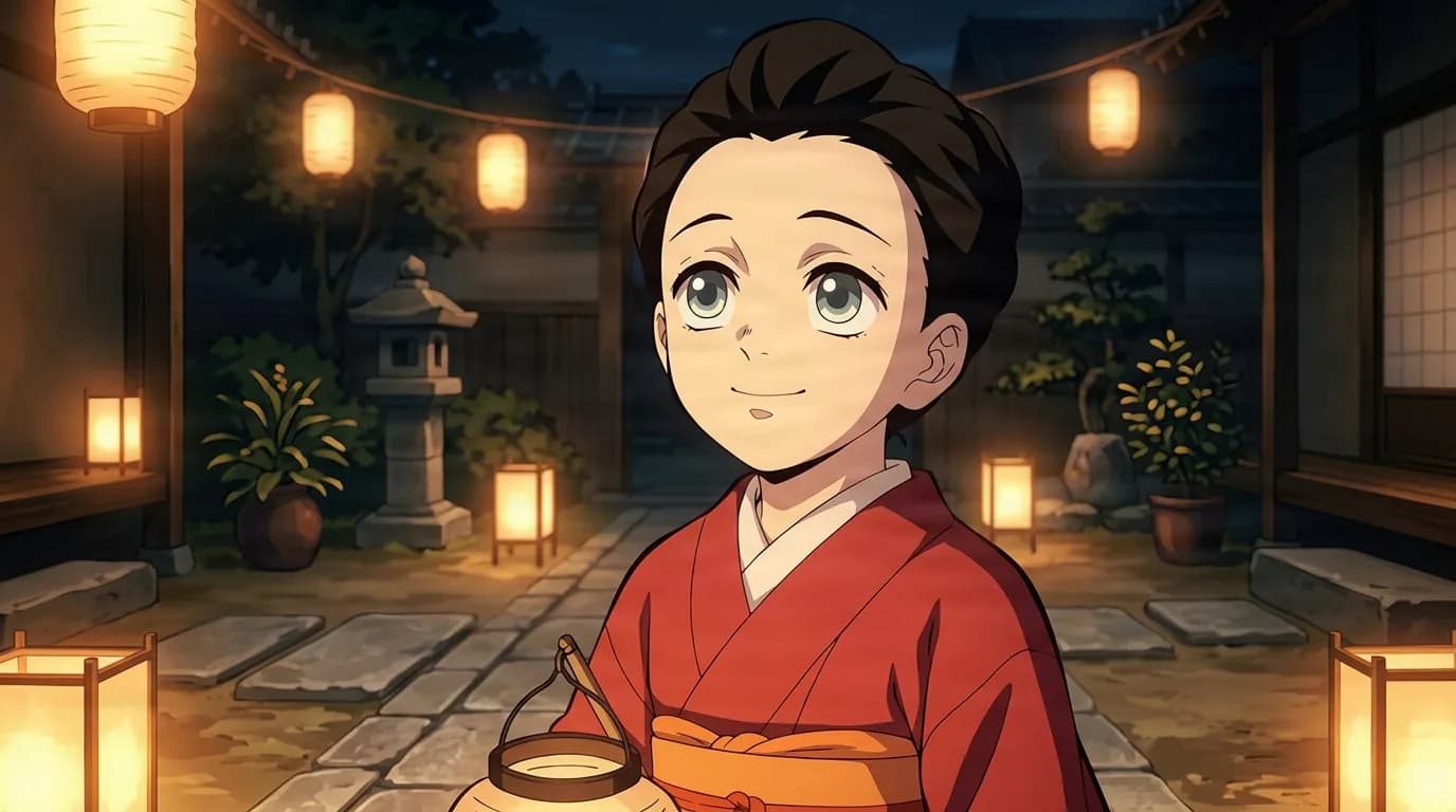 一名深发的小男孩，身穿红色和服，手提一盏小小的纸灯笼，满怀期待地微笑，夜晚置身于挂满发光纸灯笼的庭院里。