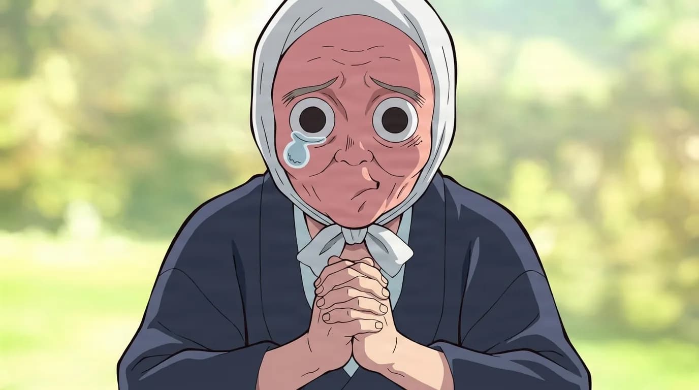 An elderly man in a white headscarf and dark blue kimono clasps his hands together with a nervous teary expression against a soft green background.