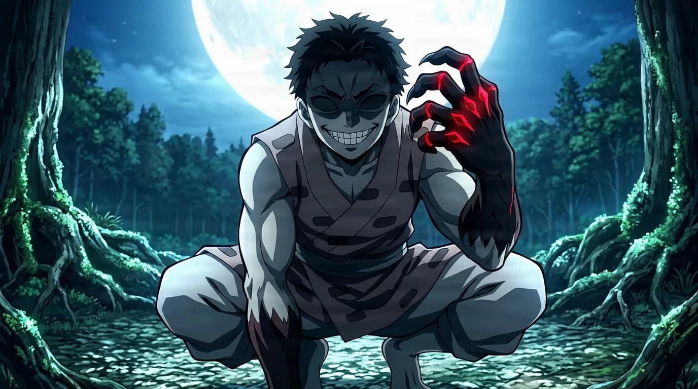 Grinning demon crouching in a moonlit forest with a glowing red clawed hand and torn grey robes