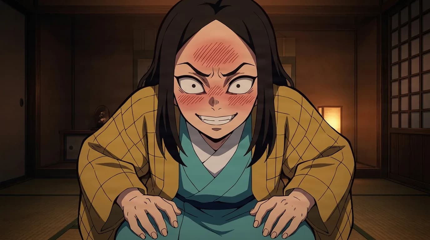 Long haired woman with a flushed face grinning widely in a yellow checkered haori inside a dim traditional room