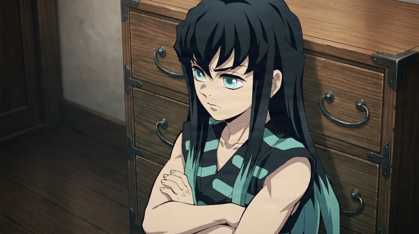 Young person with long black hair tipped in teal sitting with arms crossed against a wooden chest of drawers