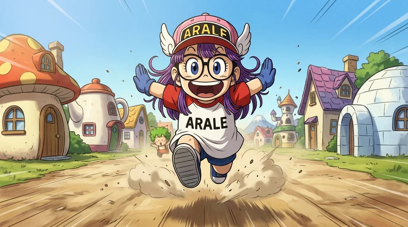 Arale Norimaki, la petite androïde surpuissante de Dr Slump, portant sa casquette ailée rose marquée ARALE et ses lunettes rondes, filant à travers le Village Pingouin.