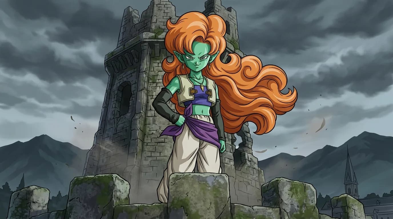 Zangya, la secuaz de piel verde azulada de Bojack, con cabello naranja ondulado.