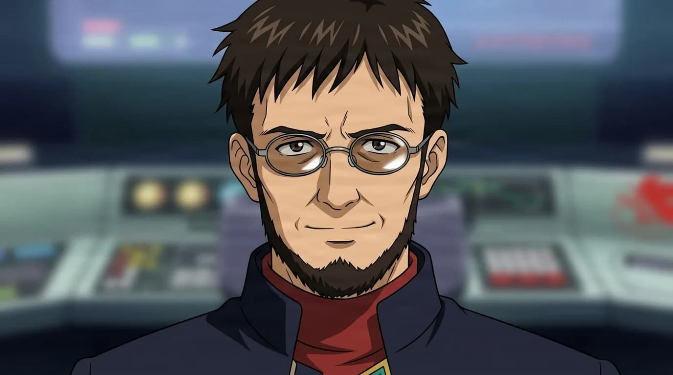 Gendo Ikari from Evangelion in a close-framed cel-shaded anime scene with a detailed environment