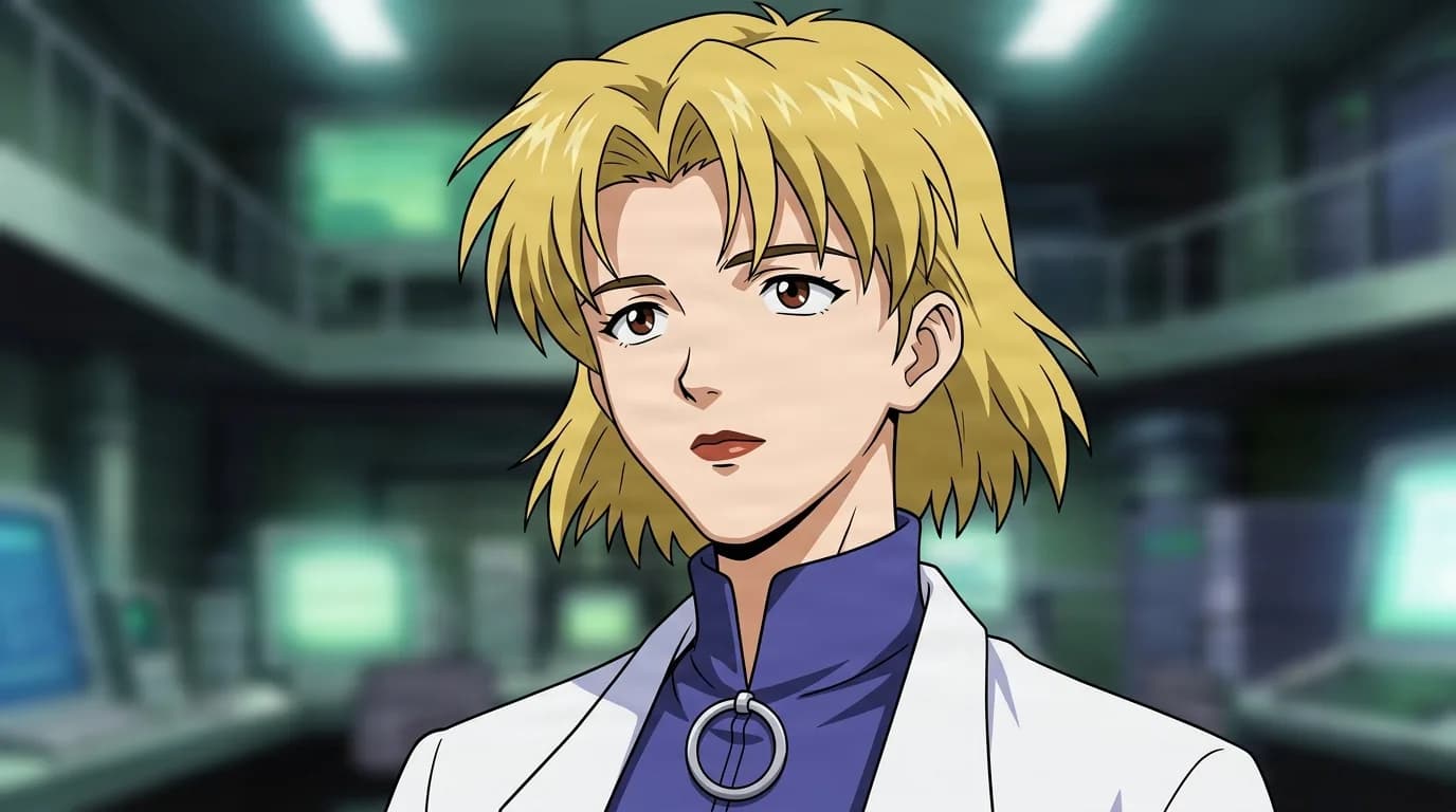 Ritsuko Akagi from Evangelion in a close-framed cel-shaded anime scene with a detailed environment