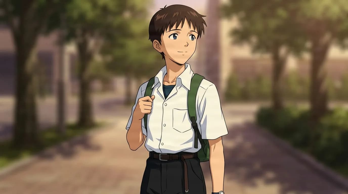 Shinji Ikari from Evangelion in a close-framed cel-shaded anime scene with a detailed environment