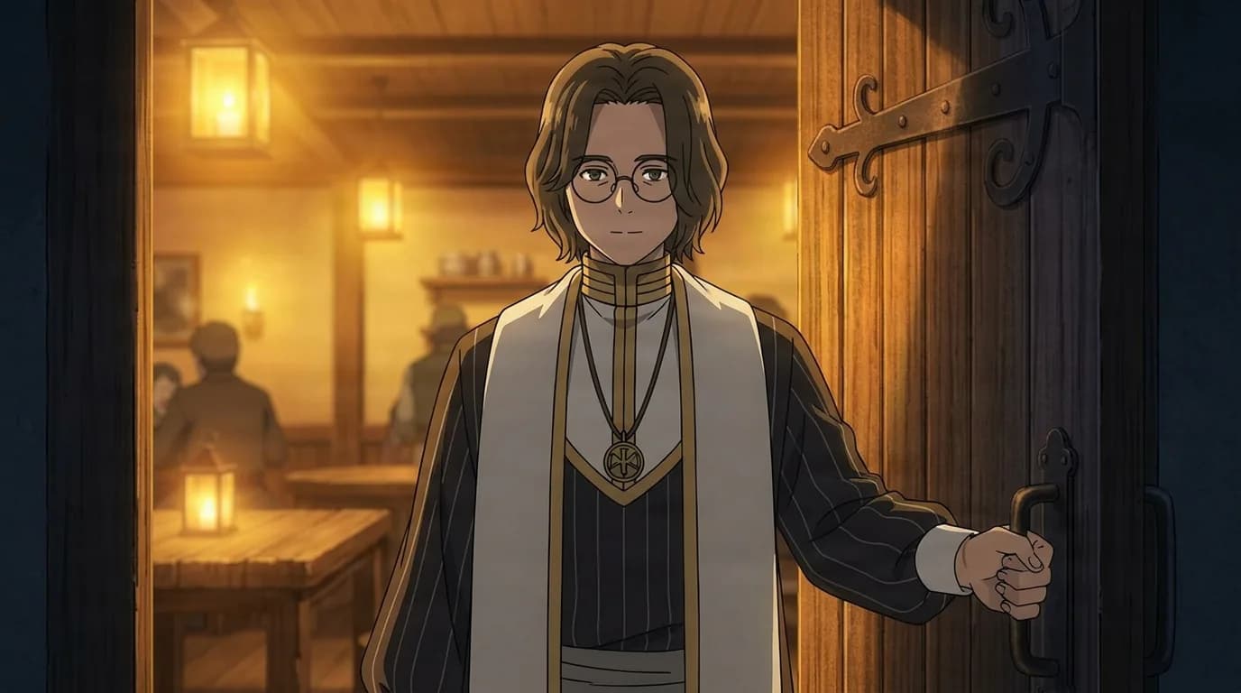 Bespectacled man with brown hair in a black robe and white fringed stole pushes open a heavy wooden door into a warm lantern-lit tavern.
