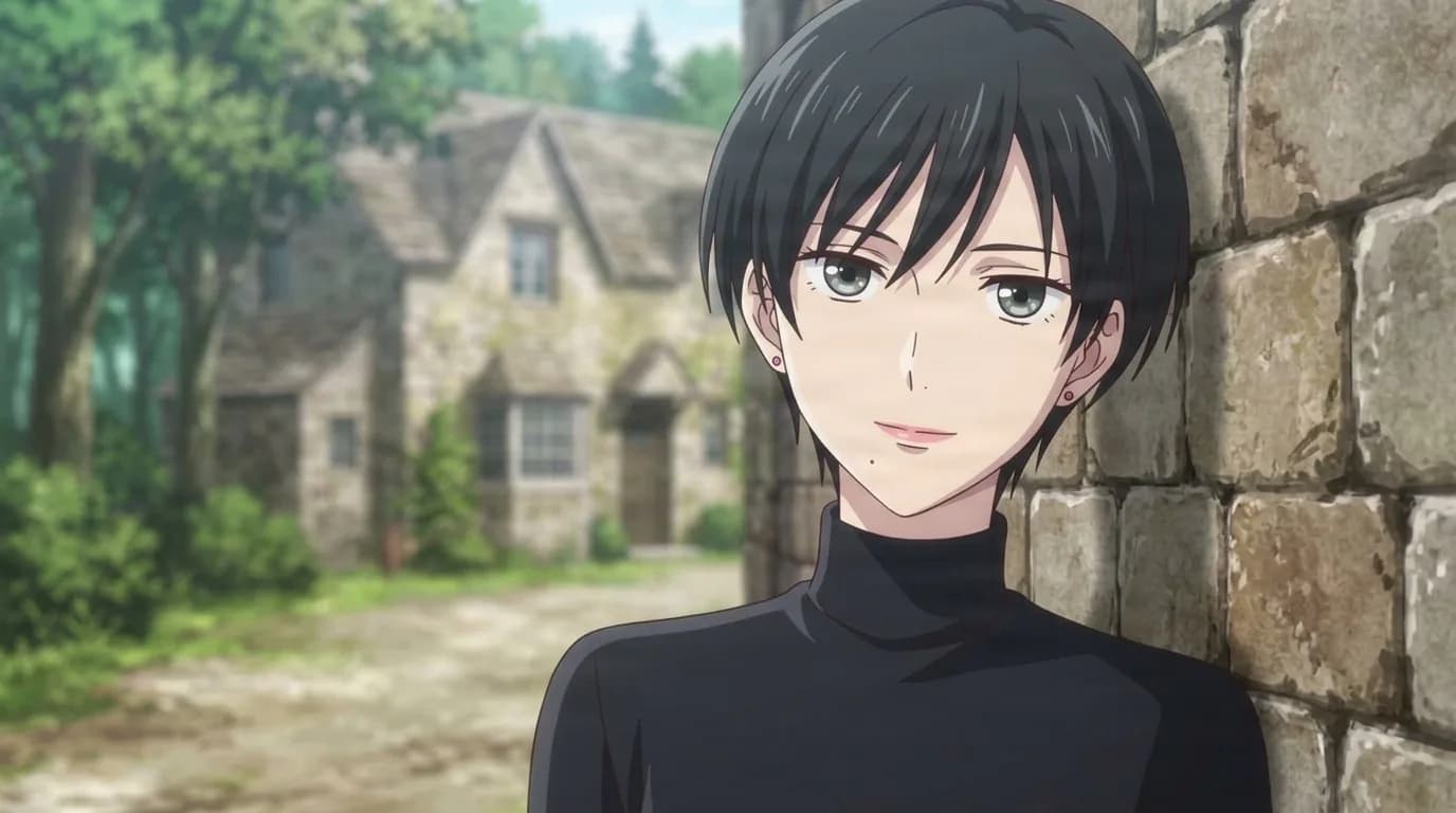 Akimoto, a young man with short black hair and pale green eyes, leaning against a stone wall in a black turtleneck, a stone cottage and trees blurred behind him