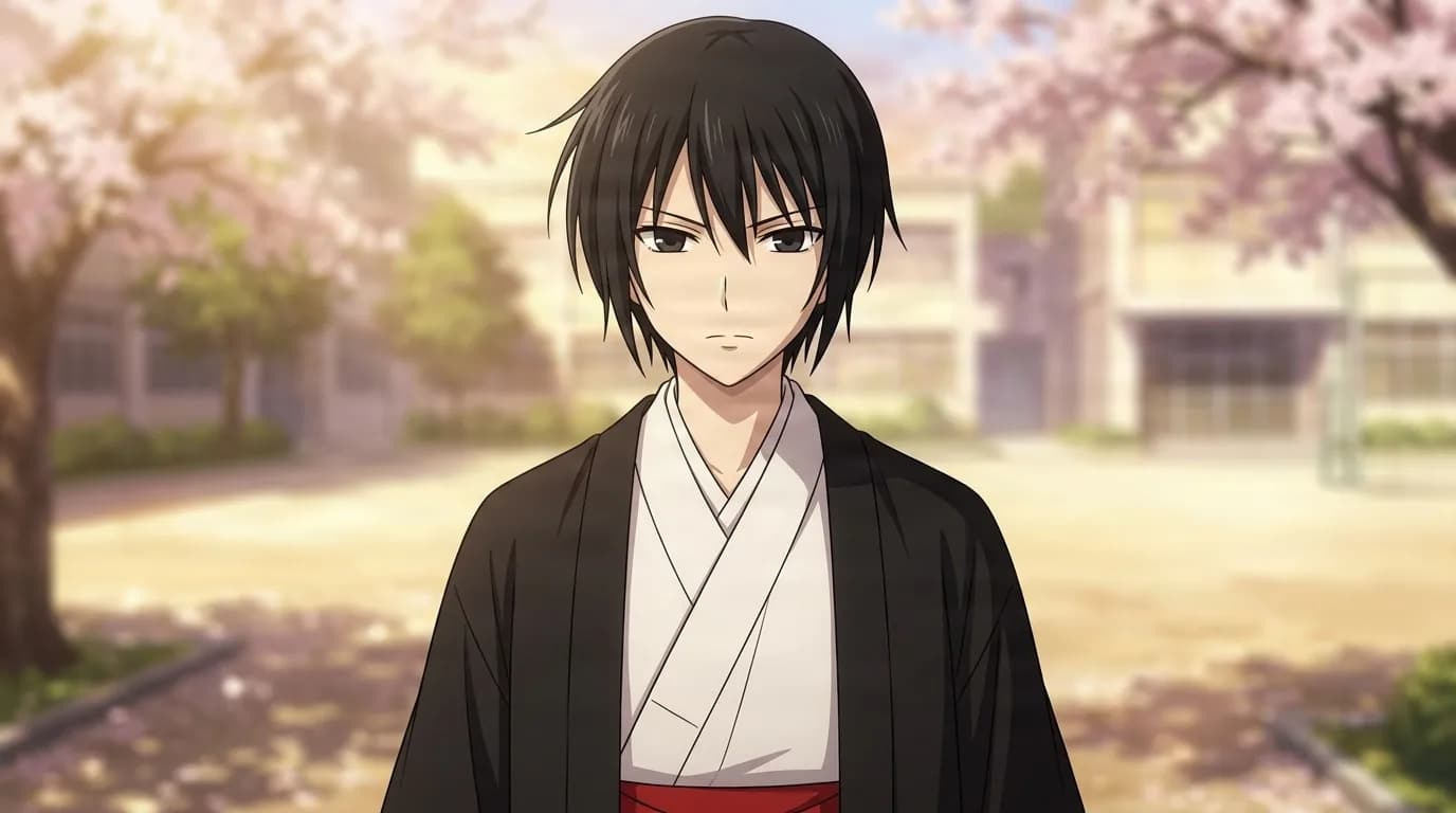 Akito Sohma standing in a black haori over a white kimono with a red sash, dark hair falling across a cool expression, cherry blossoms and a school building behind