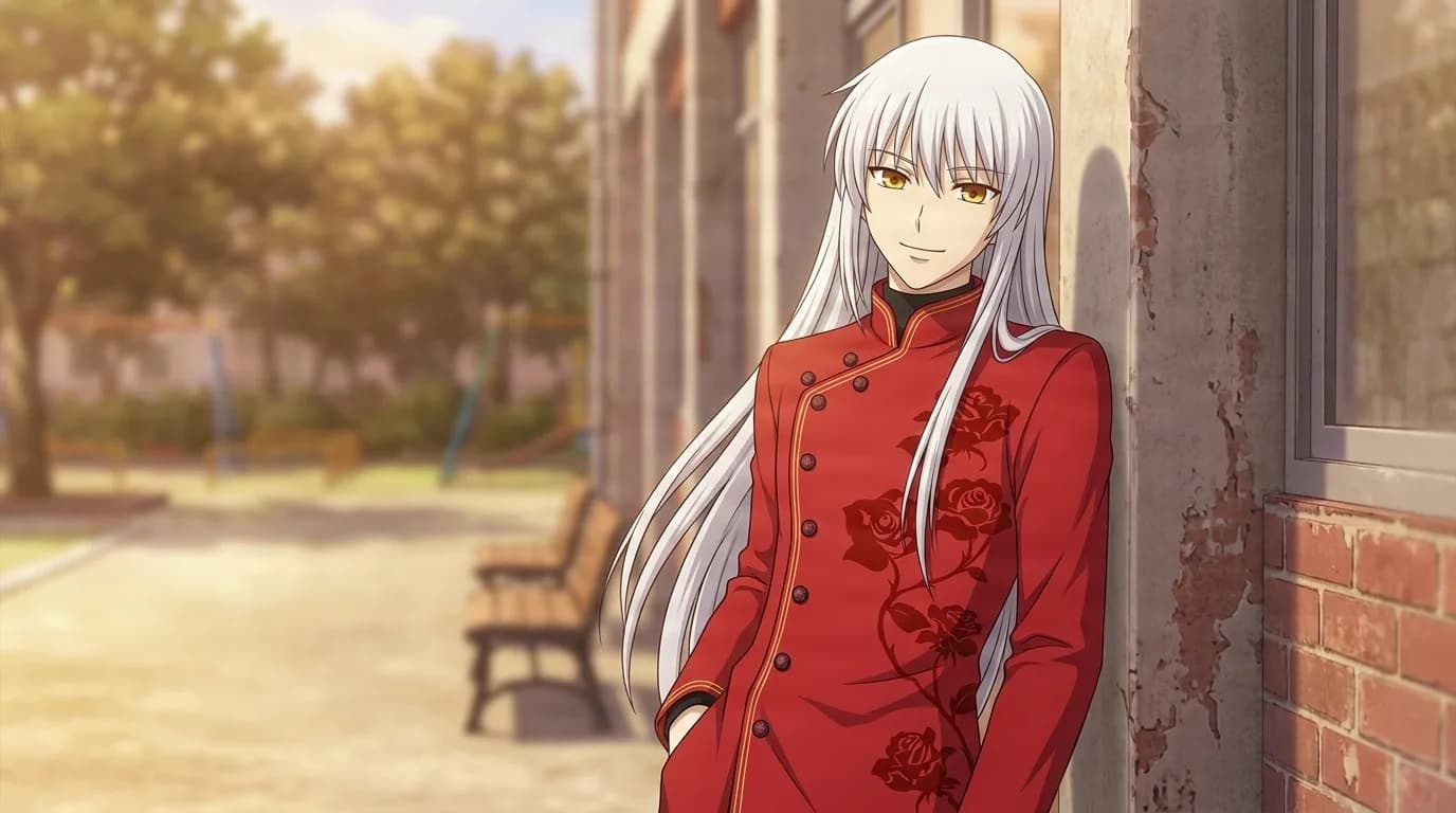 Ayame Sohma with waist-length white hair and golden eyes, wearing a red military-style coat embroidered with dark roses, leaning against a wall near a playground