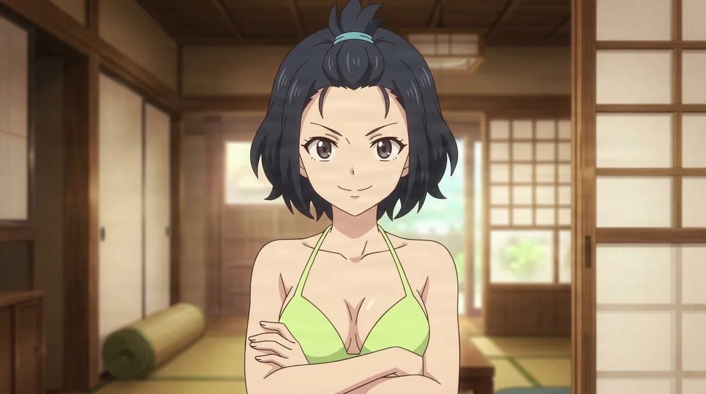 Chie, a young woman with short black hair tied in a small topknot, arms folded over a lime green bikini top, standing in a sunlit tatami room