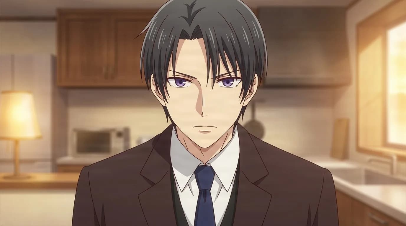 Hatori Sohma in a dark brown three-piece suit and navy tie, black hair swept over violet eyes, standing in a softly lit kitchen