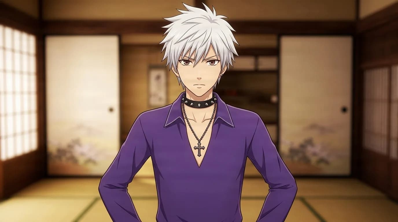 Hatsuharu Sohma with spiked white hair and brown eyes, wearing a purple shirt, a studded choker and a cross pendant, standing in a tatami room
