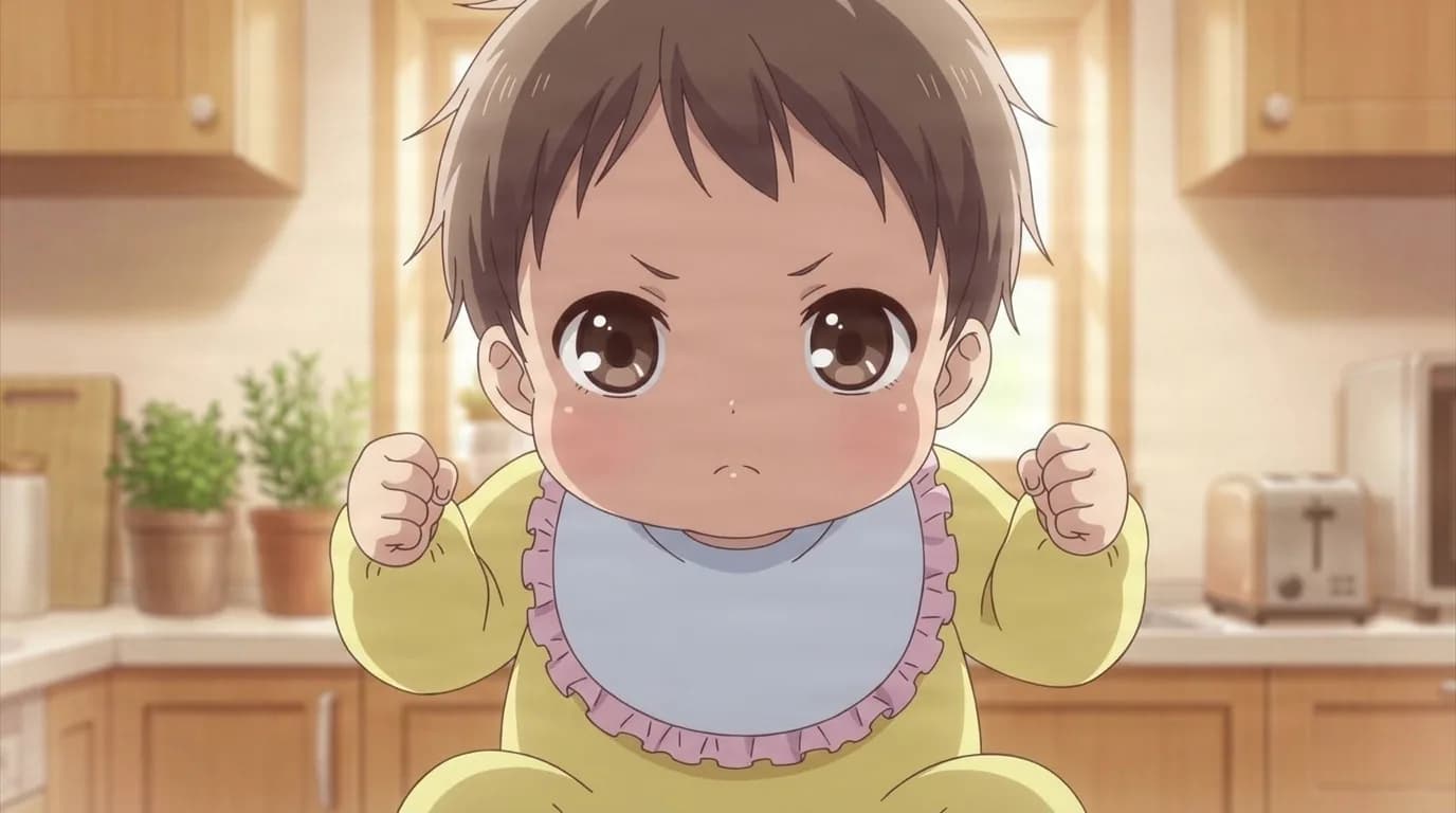 Hinata Sohma as a brown-haired baby with large brown eyes, wearing a yellow outfit and a frilled blue bib, both small fists raised in a bright kitchen