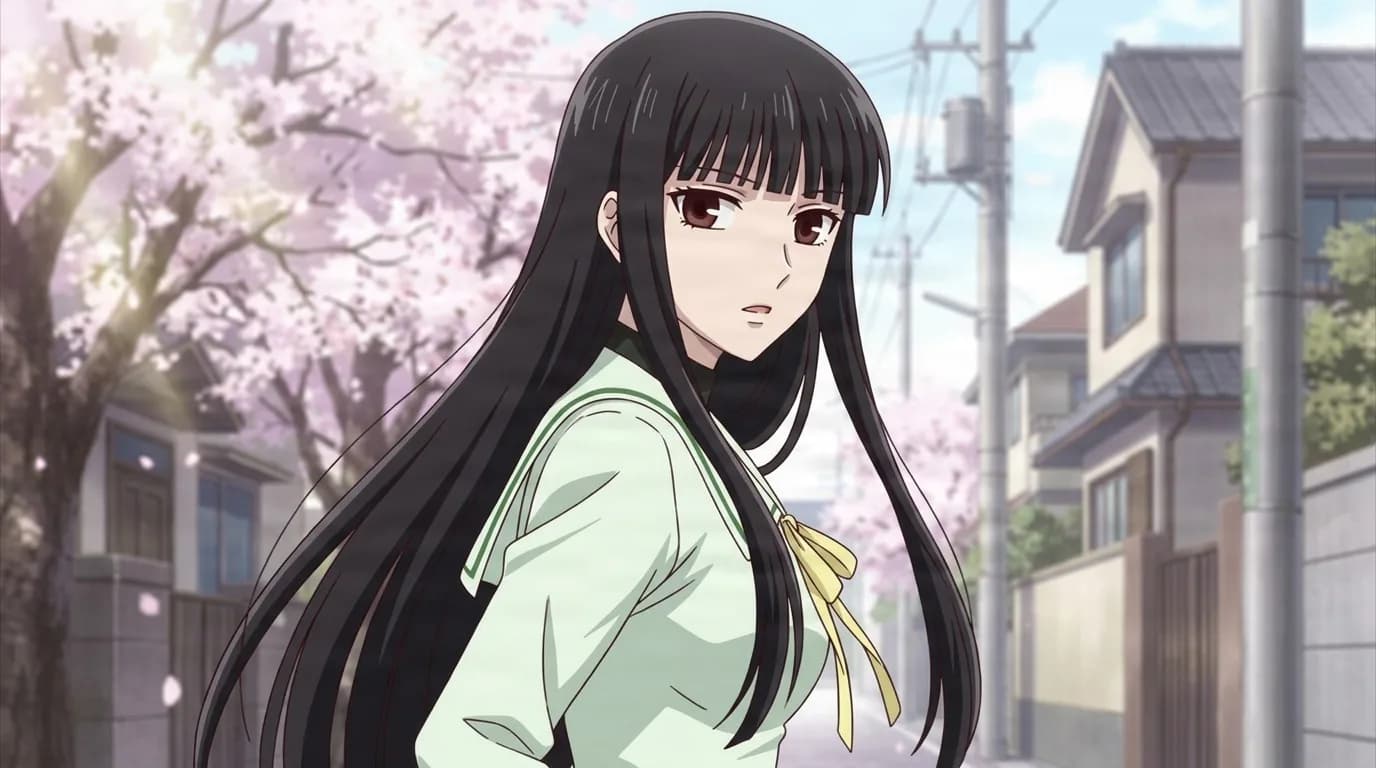 Isuzu Sohma with long straight black hair and red eyes, wearing a mint green sailor uniform with a yellow ribbon, glancing back on a street lined with cherry blossom