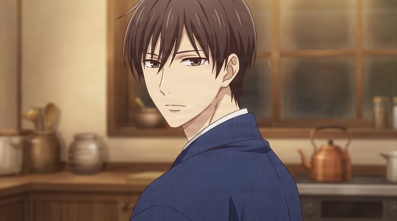 Kazuma Sohma in a deep blue kimono, brown hair and calm brown eyes, looking over his shoulder in a warm farmhouse kitchen