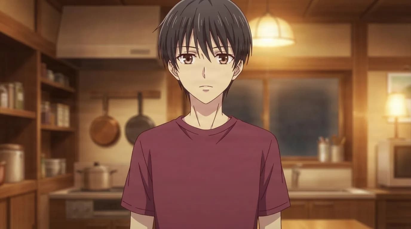 Kisa's mother with a short dark bob, wearing a deep red t-shirt, standing in a warmly lit wooden kitchen